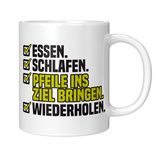 Bogenschießen Tasse – Essen. Schlafen. Pfeile ins Ziel bringen. Wiederholen. (Bogenschütze, Geschenk)